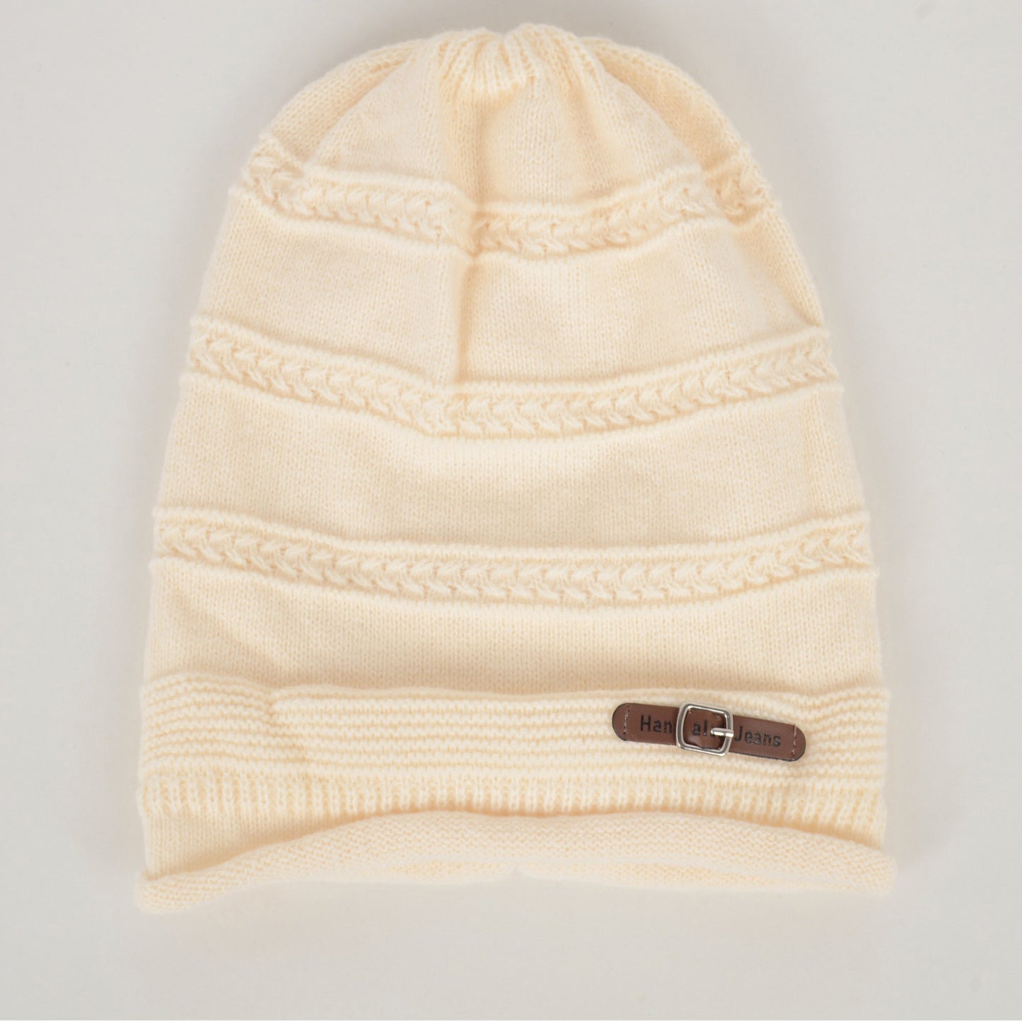 Knit Beanie Hat with Faux Leather Buckle Detail and Folded Edge