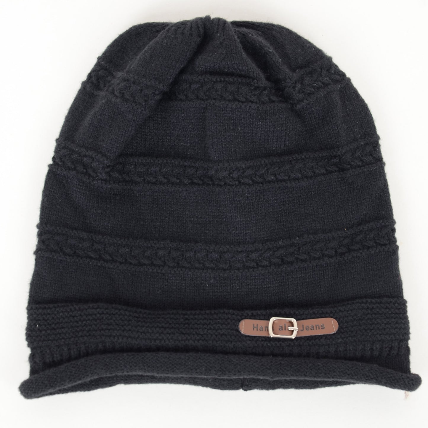 Knit Beanie Hat with Faux Leather Buckle Detail and Folded Edge