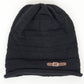 Knit Beanie Hat with Faux Leather Buckle Detail and Folded Edge