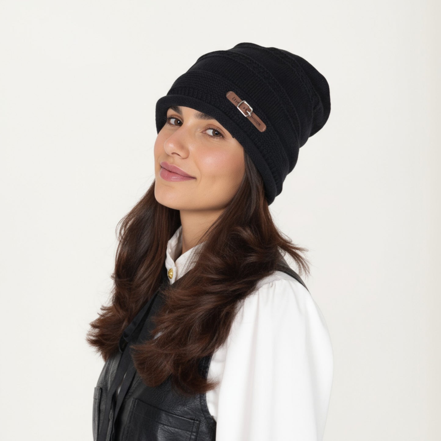 Knit Beanie Hat with Faux Leather Buckle Detail and Folded Edge
