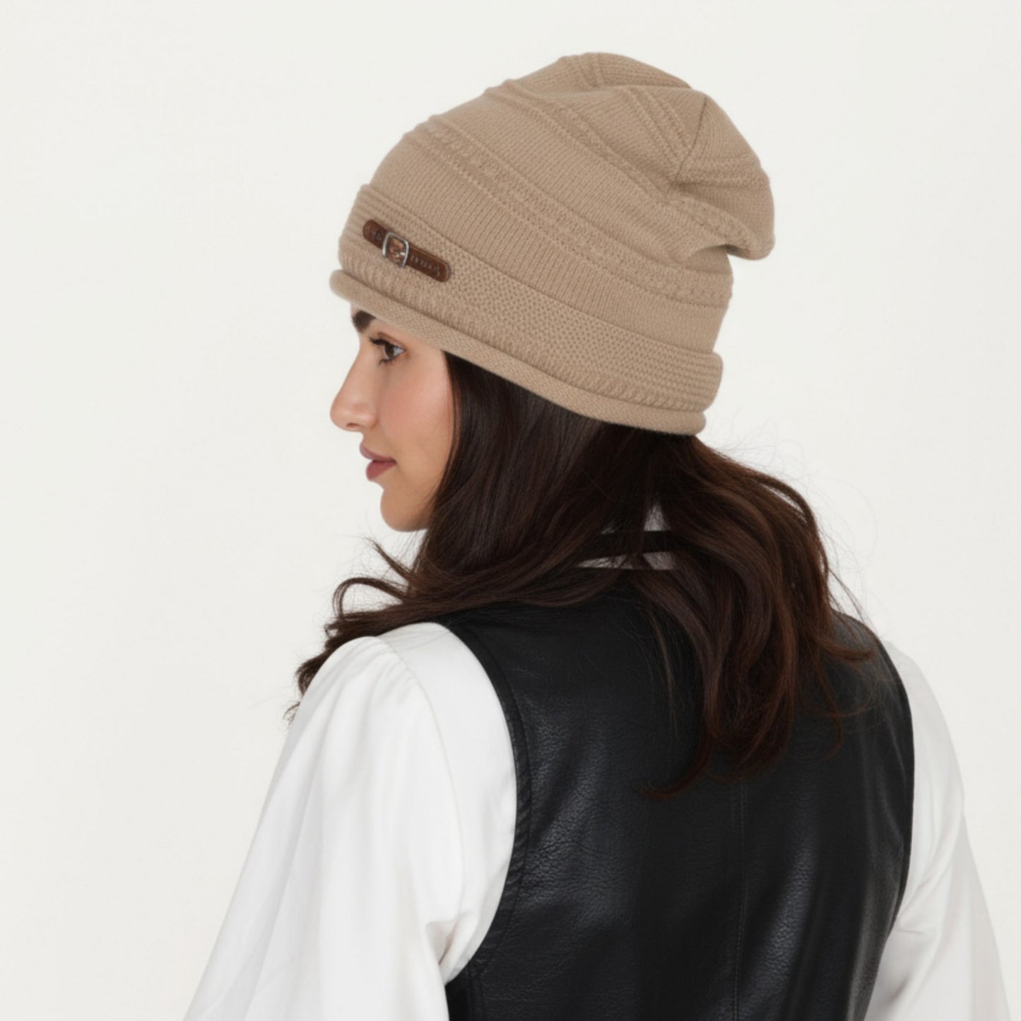 Knit Beanie Hat with Faux Leather Buckle Detail and Folded Edge