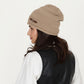 Knit Beanie Hat with Faux Leather Buckle Detail and Folded Edge