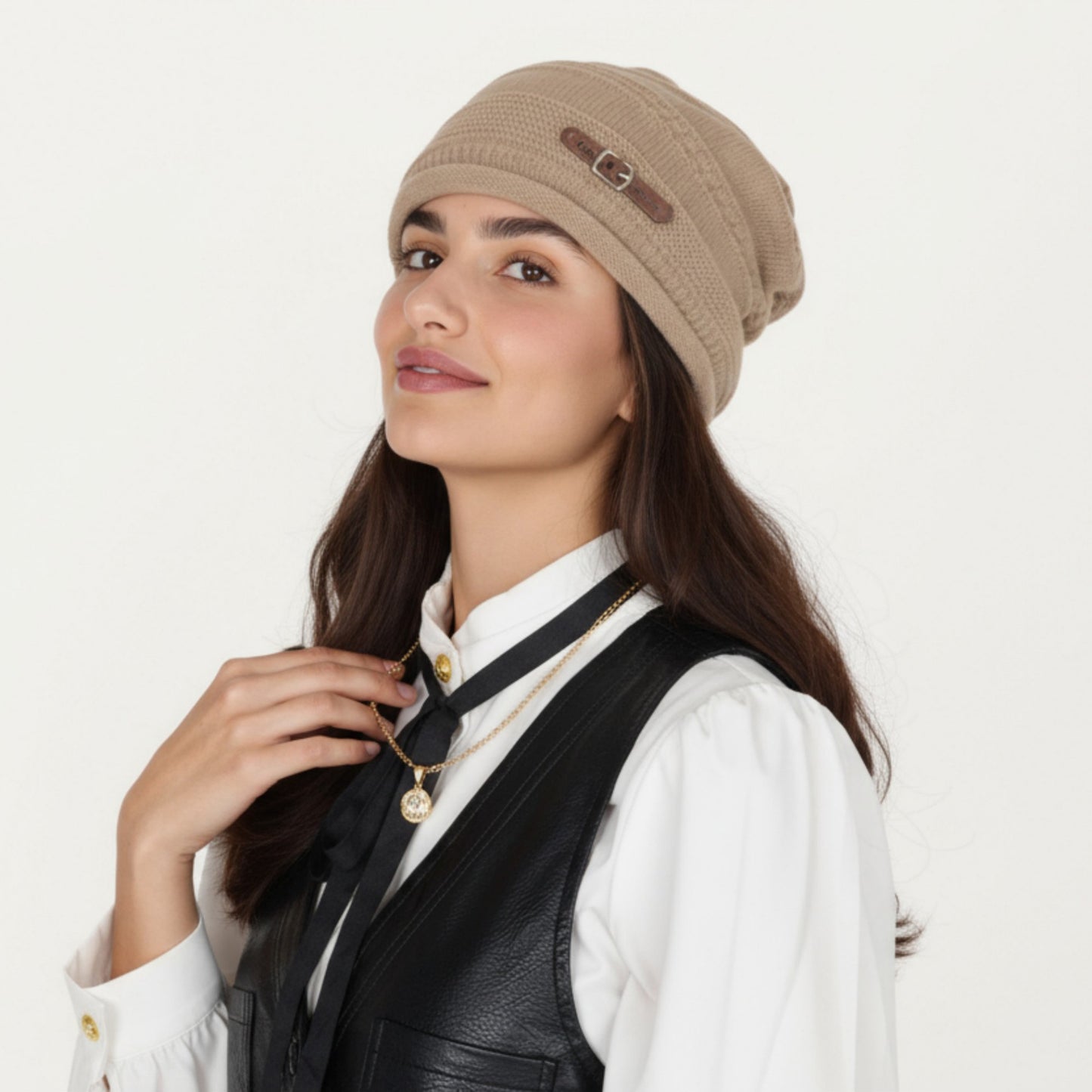 Knit Beanie Hat with Faux Leather Buckle Detail and Folded Edge