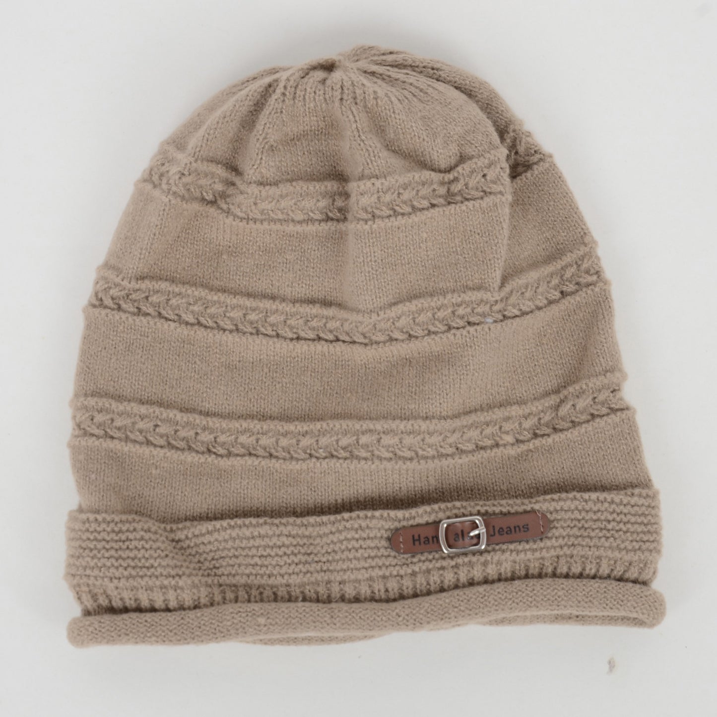 Knit Beanie Hat with Faux Leather Buckle Detail and Folded Edge