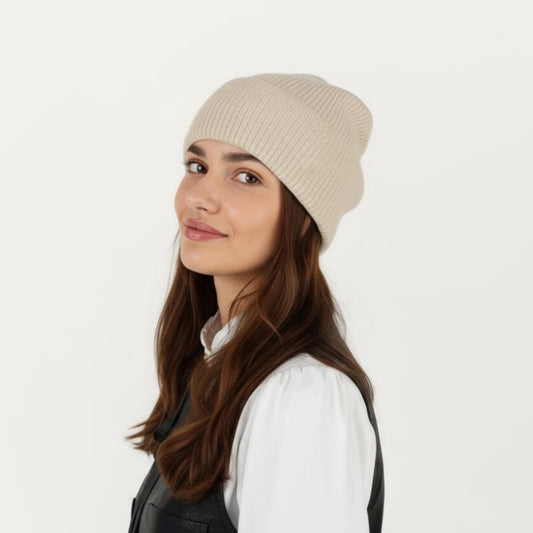 Rib Knit Beanie Hat with Folded Cuff and Stretchy Fit