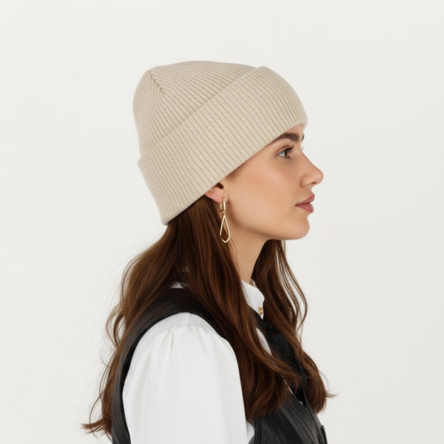 Rib Knit Beanie Hat with Folded Cuff and Stretchy Fit