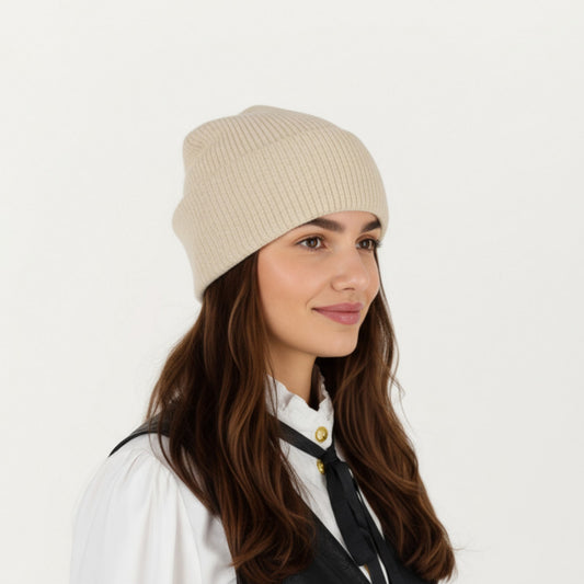 Rib Knit Beanie Hat with Folded Cuff and Stretchy Fit