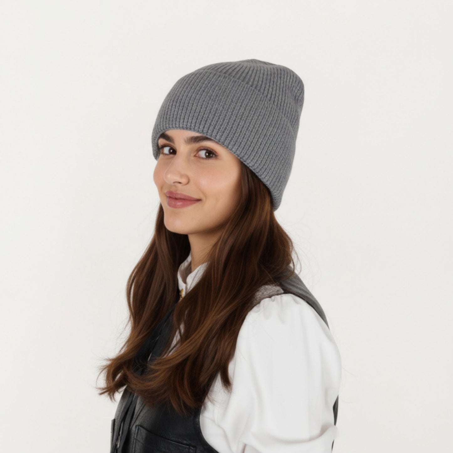 Rib Knit Beanie Hat with Folded Cuff and Stretchy Fit
