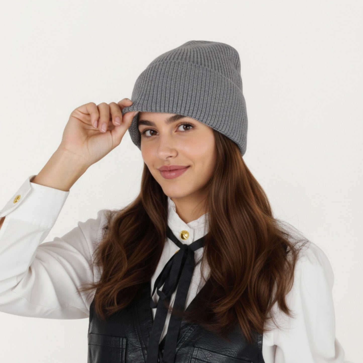 Rib Knit Beanie Hat with Folded Cuff and Stretchy Fit