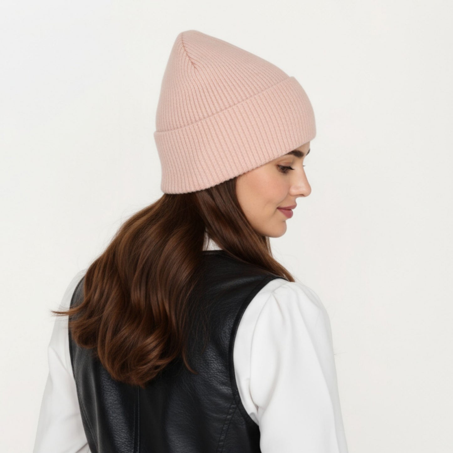 Rib Knit Beanie Hat with Folded Cuff and Stretchy Fit