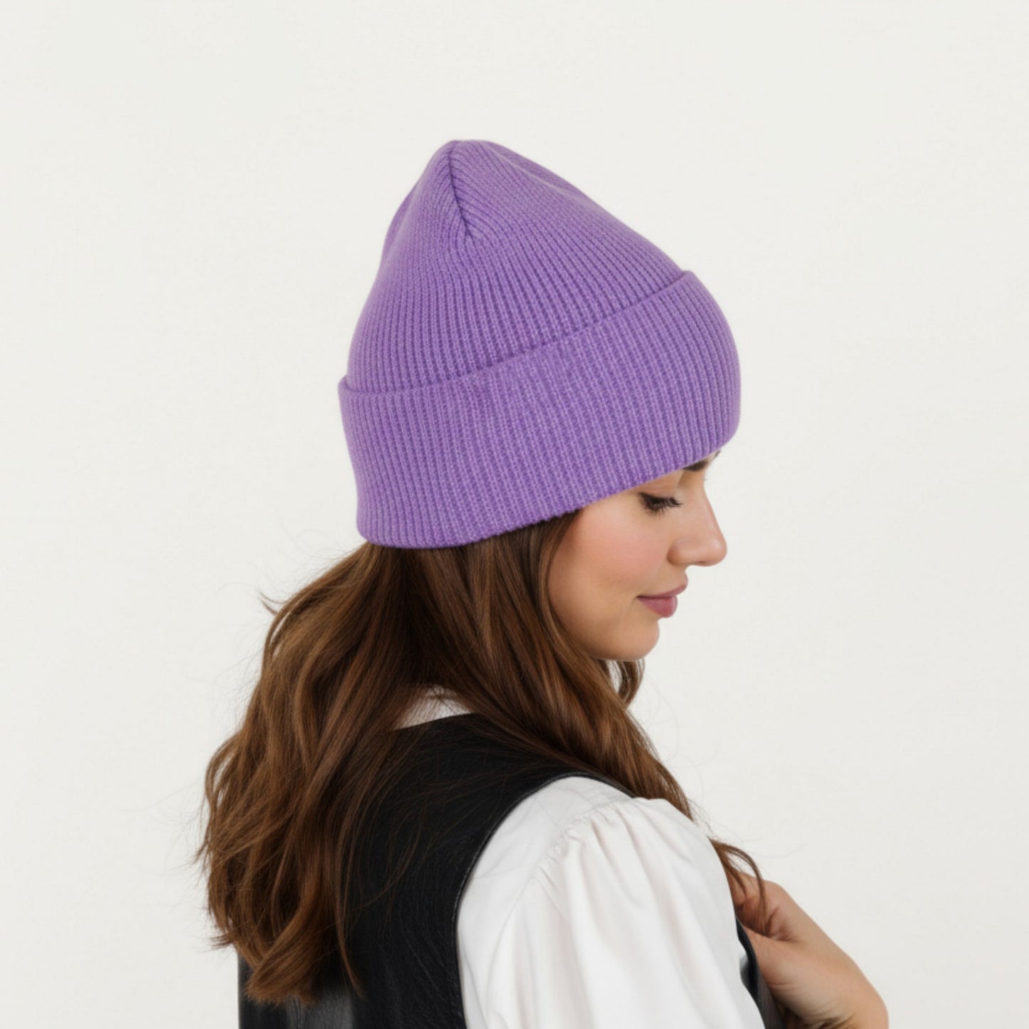 Rib Knit Beanie Hat with Folded Cuff and Stretchy Fit