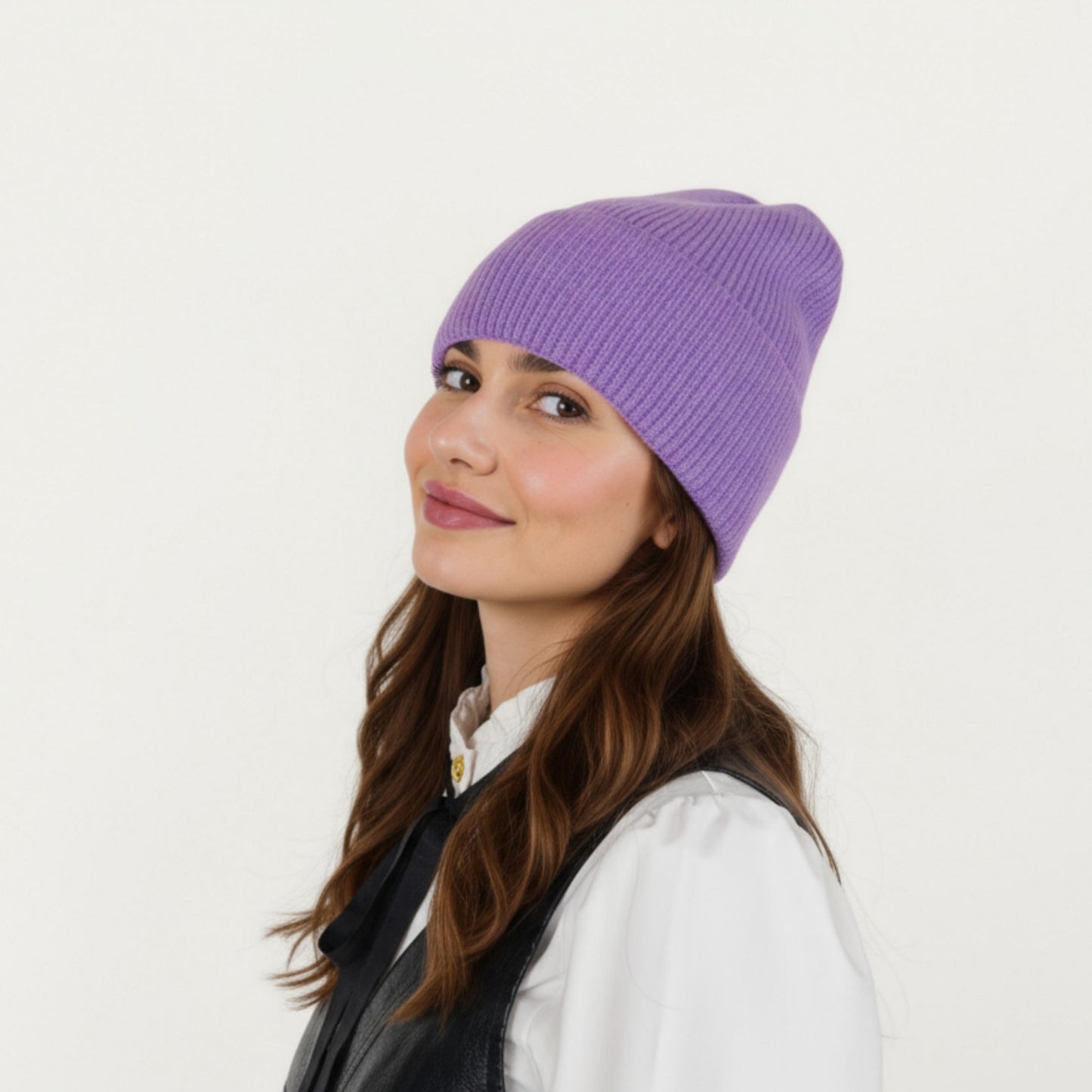 Rib Knit Beanie Hat with Folded Cuff and Stretchy Fit