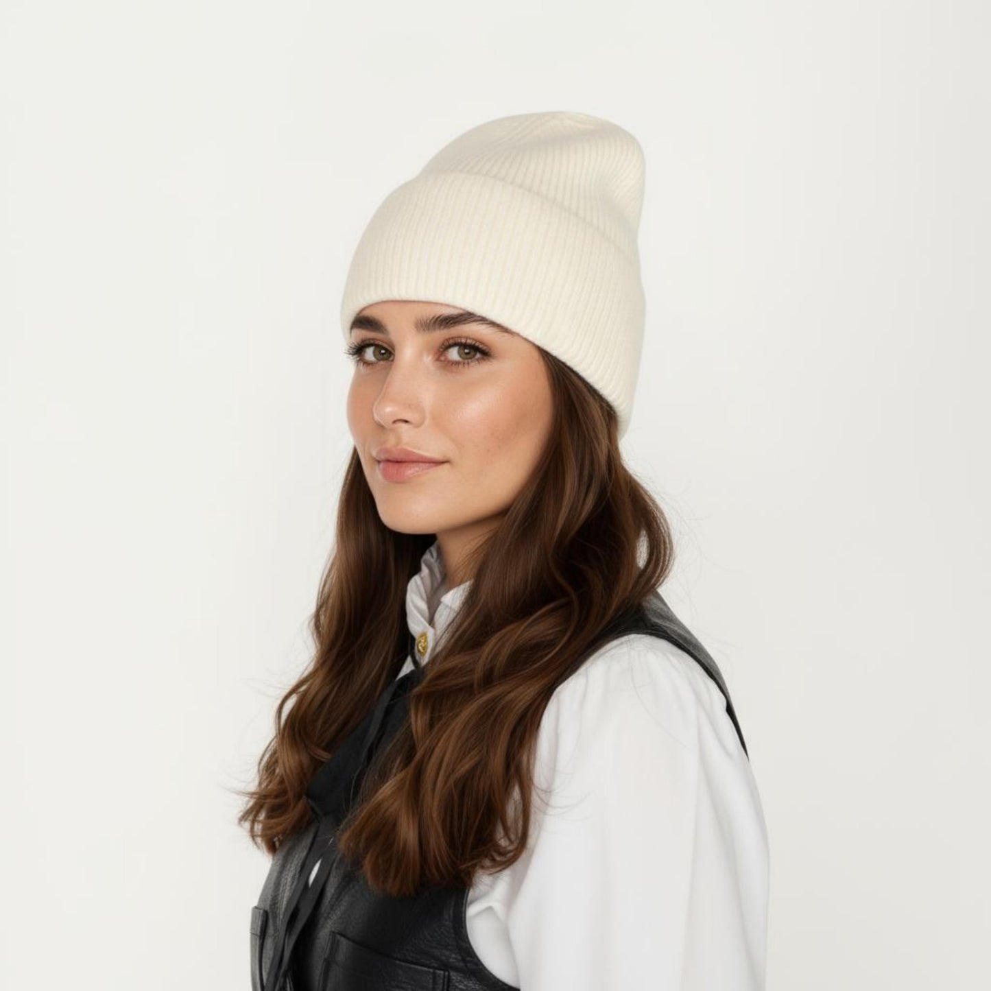 Rib Knit Beanie Hat with Folded Cuff and Stretchy Fit