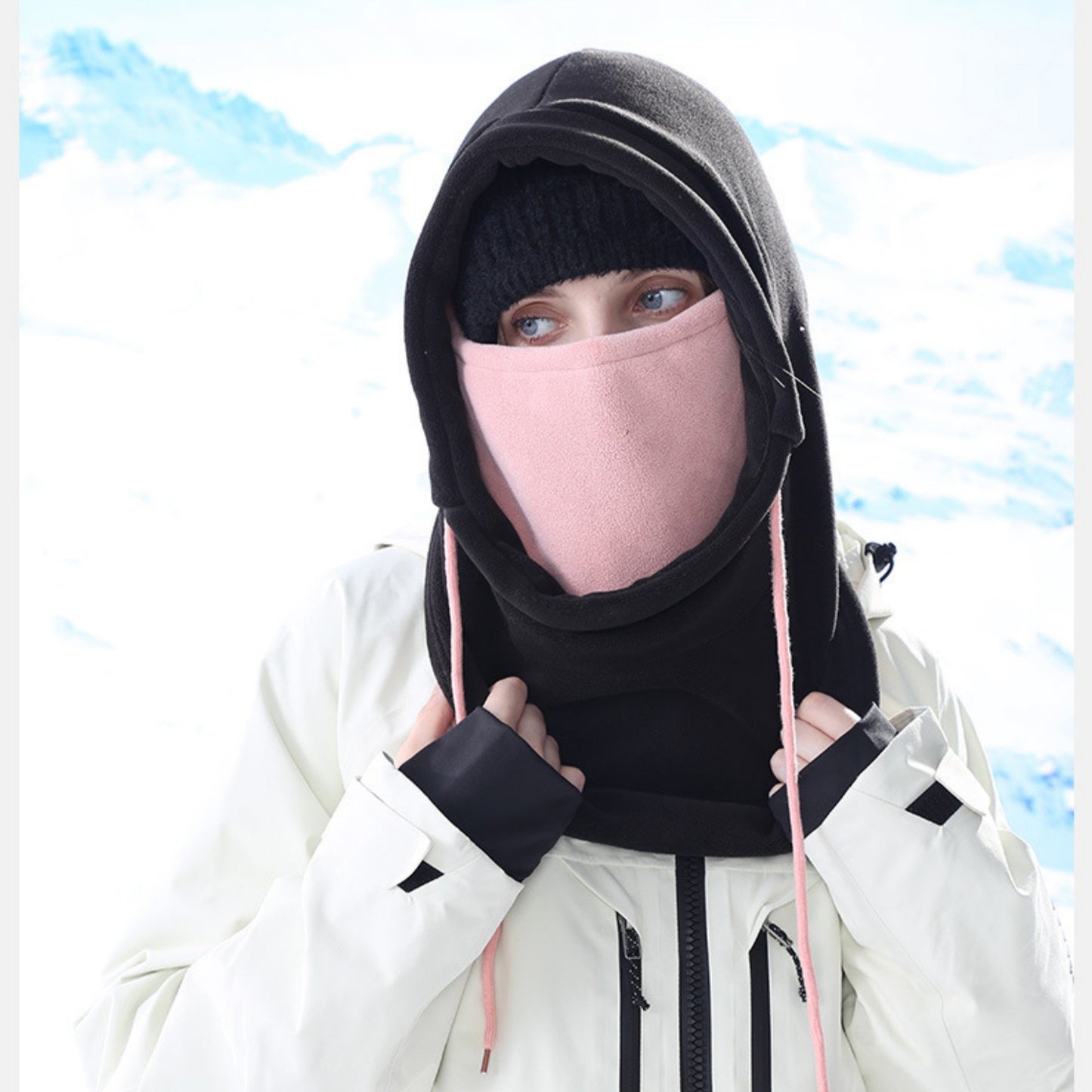 Unisex Fleece Hooded Face Cover with Drawstring Neck Warmer for Cold Weather