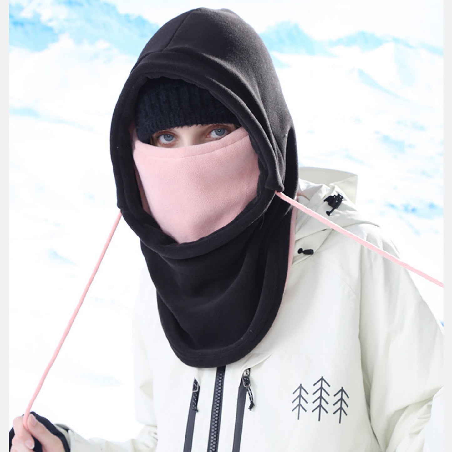 Unisex Fleece Hooded Face Cover with Drawstring Neck Warmer for Cold Weather