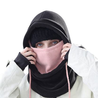Unisex Fleece Hooded Face Cover with Drawstring Neck Warmer for Cold Weather