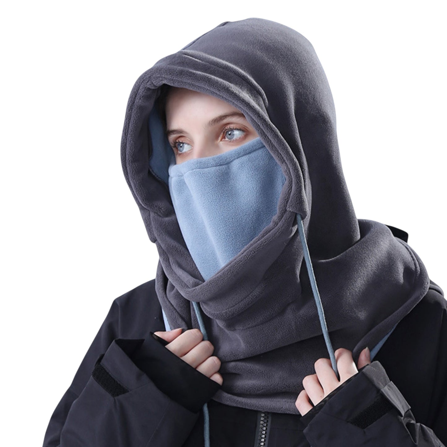 Unisex Fleece Hooded Face Cover with Drawstring Neck Warmer for Cold Weather