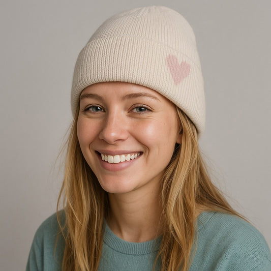 Knit Beanie Hat with Embroidered Heart Detail and Folded Cuff