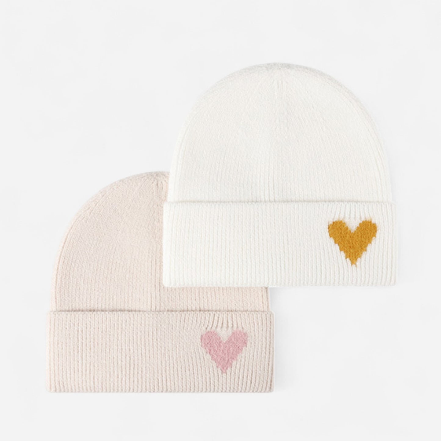 Knit Beanie Hat with Embroidered Heart Detail and Folded Cuff
