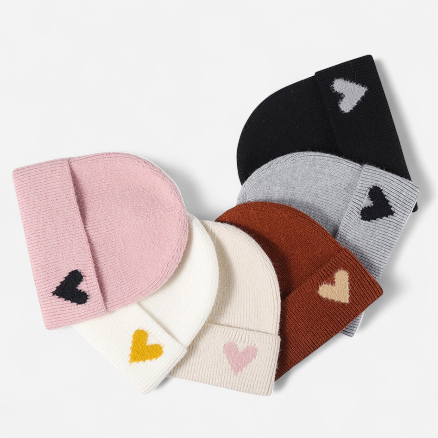 Knit Beanie Hat with Embroidered Heart Detail and Folded Cuff