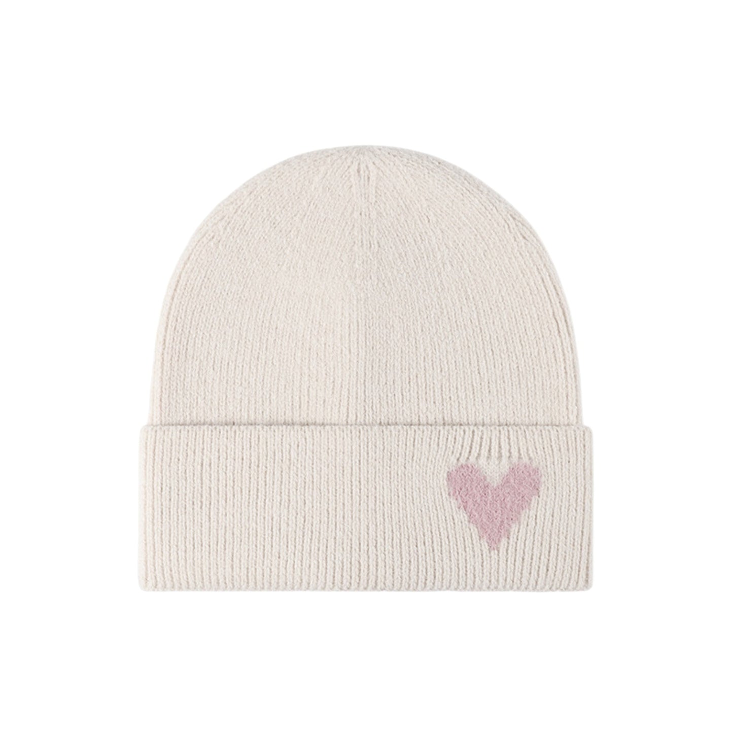 Knit Beanie Hat with Embroidered Heart Detail and Folded Cuff