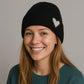 Knit Beanie Hat with Embroidered Heart Detail and Folded Cuff