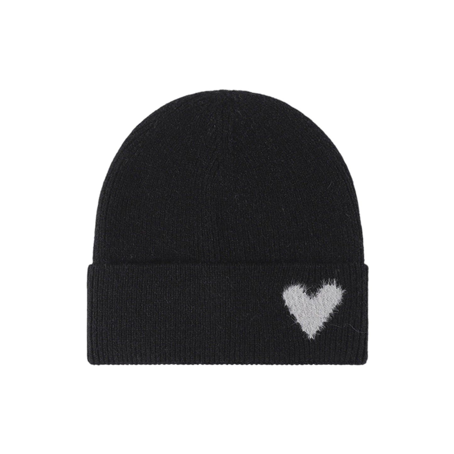 Knit Beanie Hat with Embroidered Heart Detail and Folded Cuff