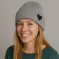 Knit Beanie Hat with Embroidered Heart Detail and Folded Cuff