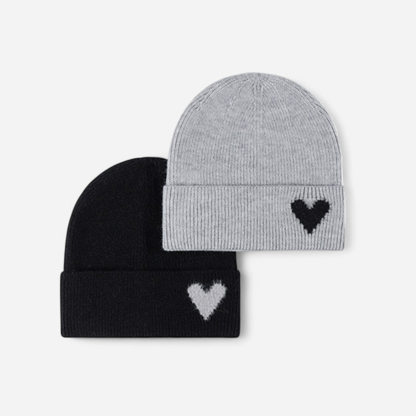 Knit Beanie Hat with Embroidered Heart Detail and Folded Cuff
