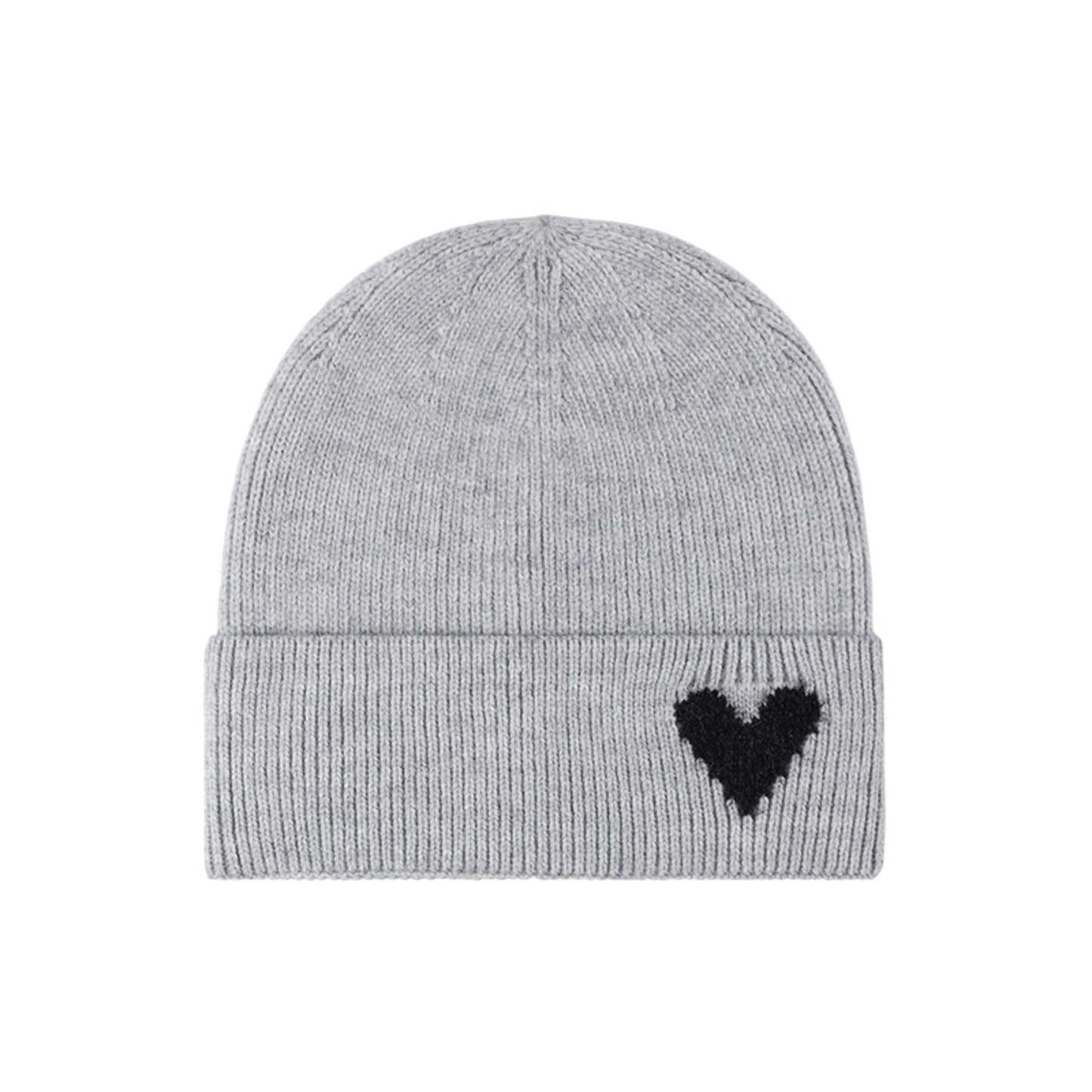 Knit Beanie Hat with Embroidered Heart Detail and Folded Cuff