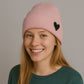 Knit Beanie Hat with Embroidered Heart Detail and Folded Cuff
