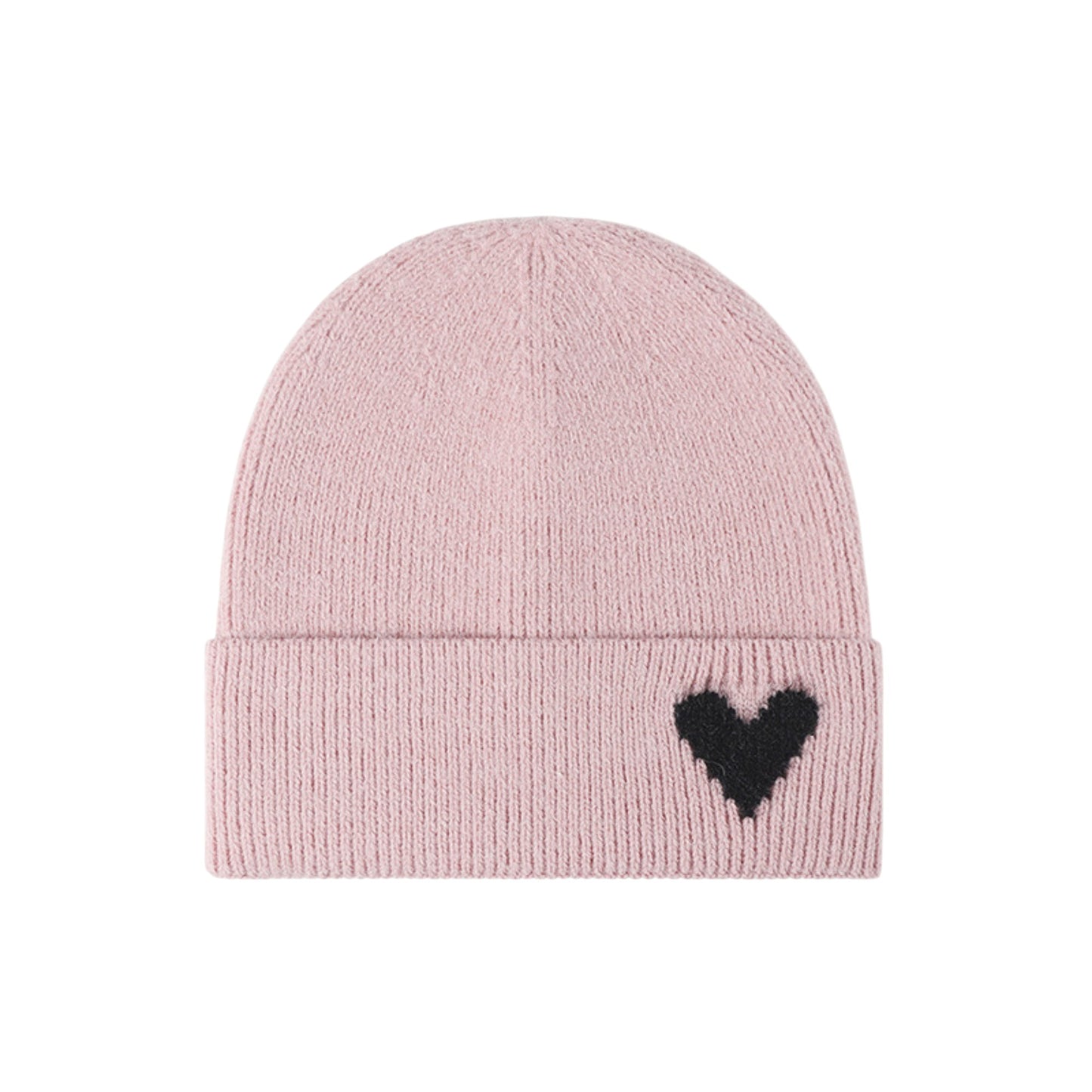 Knit Beanie Hat with Embroidered Heart Detail and Folded Cuff