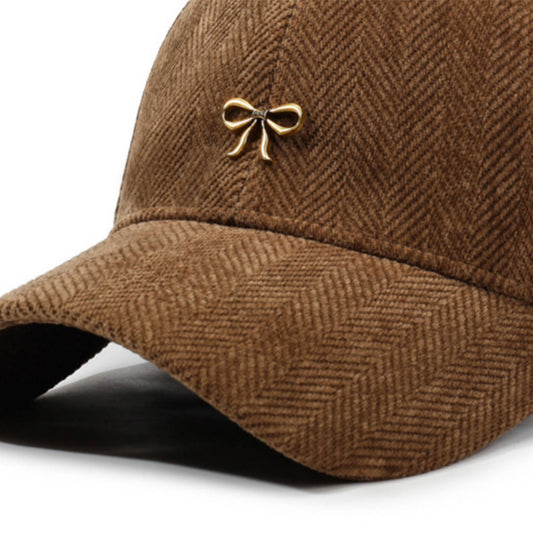 Herringbone Baseball Cap with Bow Accent and Curved Brim