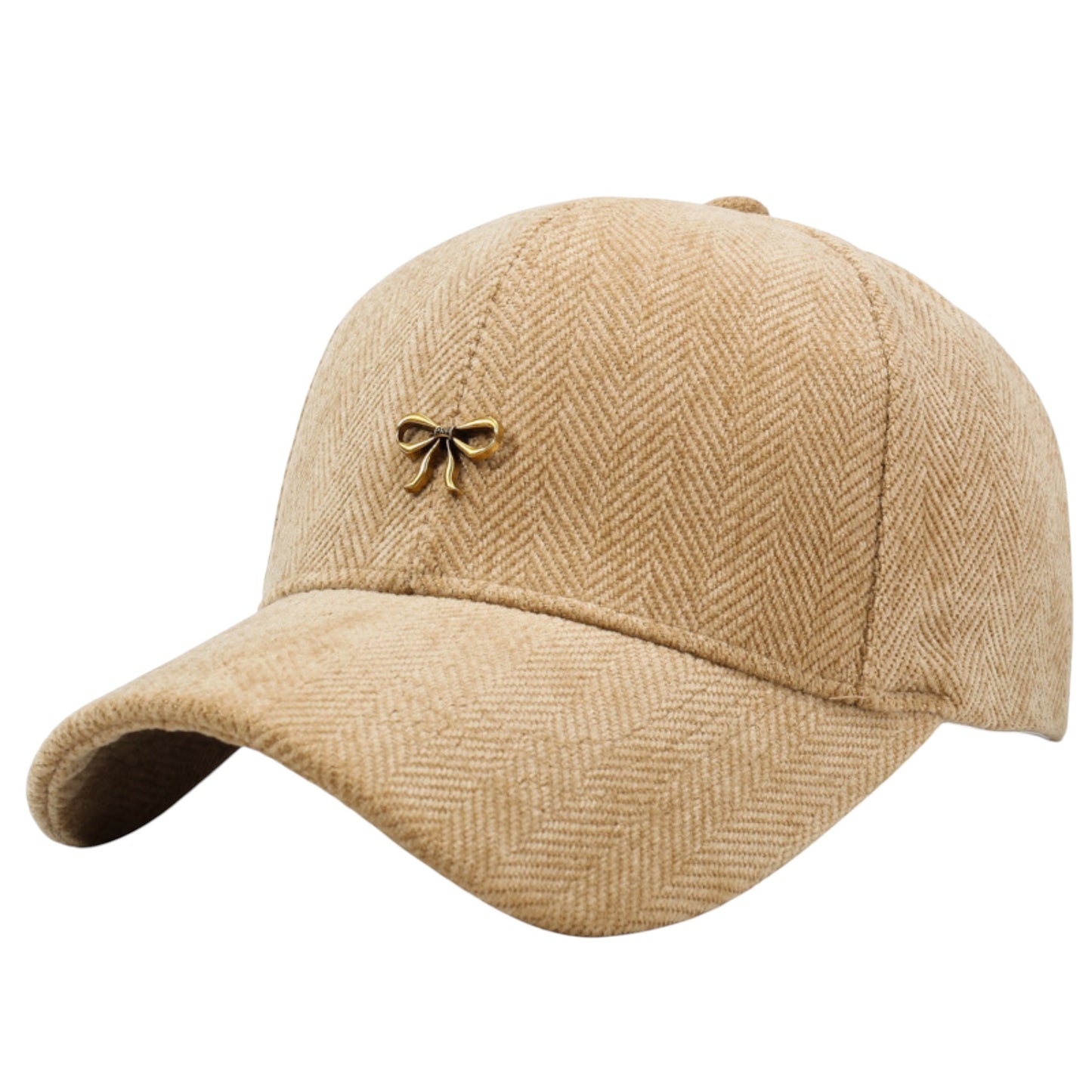 Herringbone Baseball Cap with Bow Accent and Curved Brim