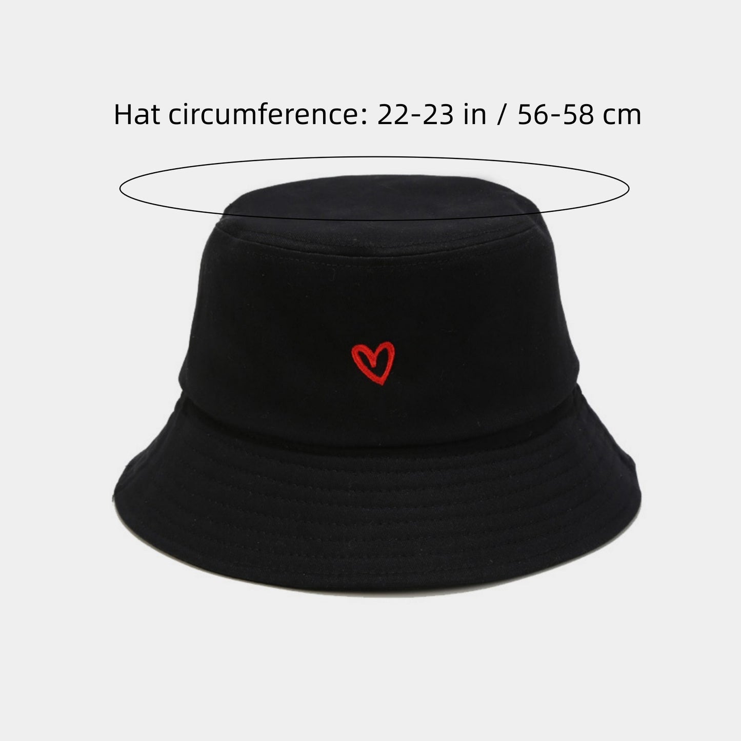 Cotton Bucket Hat with Red Heart Embroidery and Wide Brim