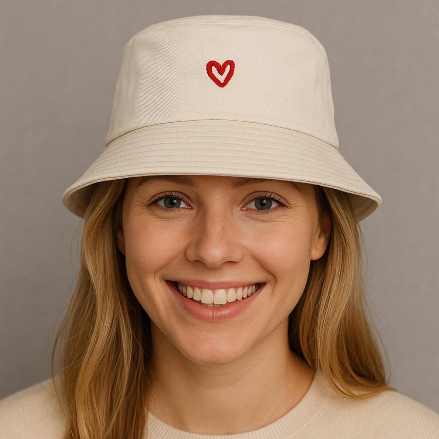 Cotton Bucket Hat with Red Heart Embroidery and Wide Brim