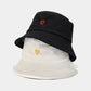 Cotton Bucket Hat with Red Heart Embroidery and Wide Brim