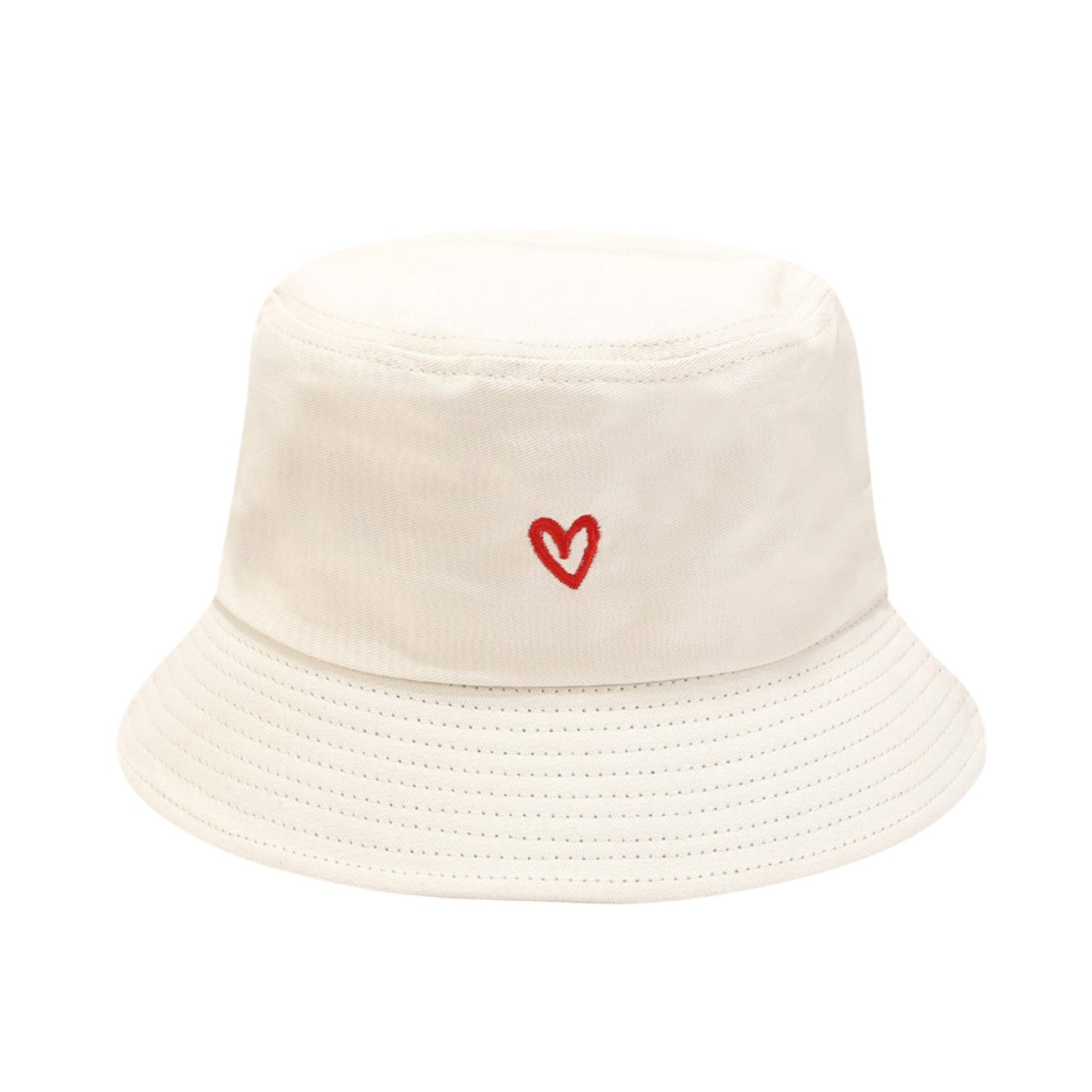 Cotton Bucket Hat with Red Heart Embroidery and Wide Brim