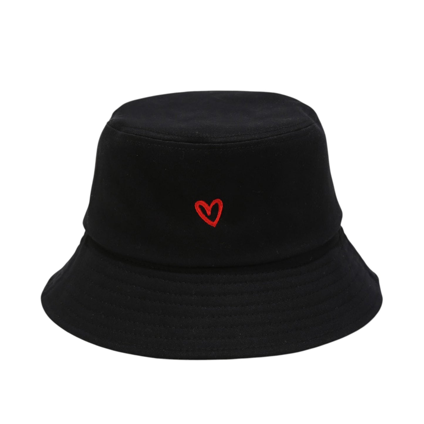 Cotton Bucket Hat with Red Heart Embroidery and Wide Brim