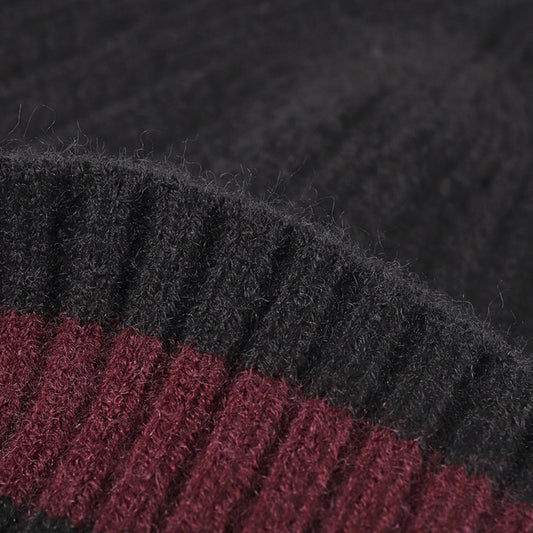 Unisex Rib Knit Beanie with Folded Cuff and Contrast Stripe Detail