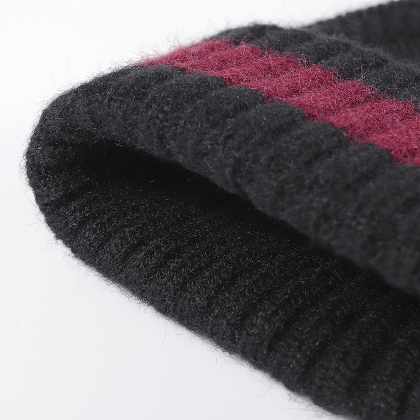 Unisex Rib Knit Beanie with Folded Cuff and Contrast Stripe Detail