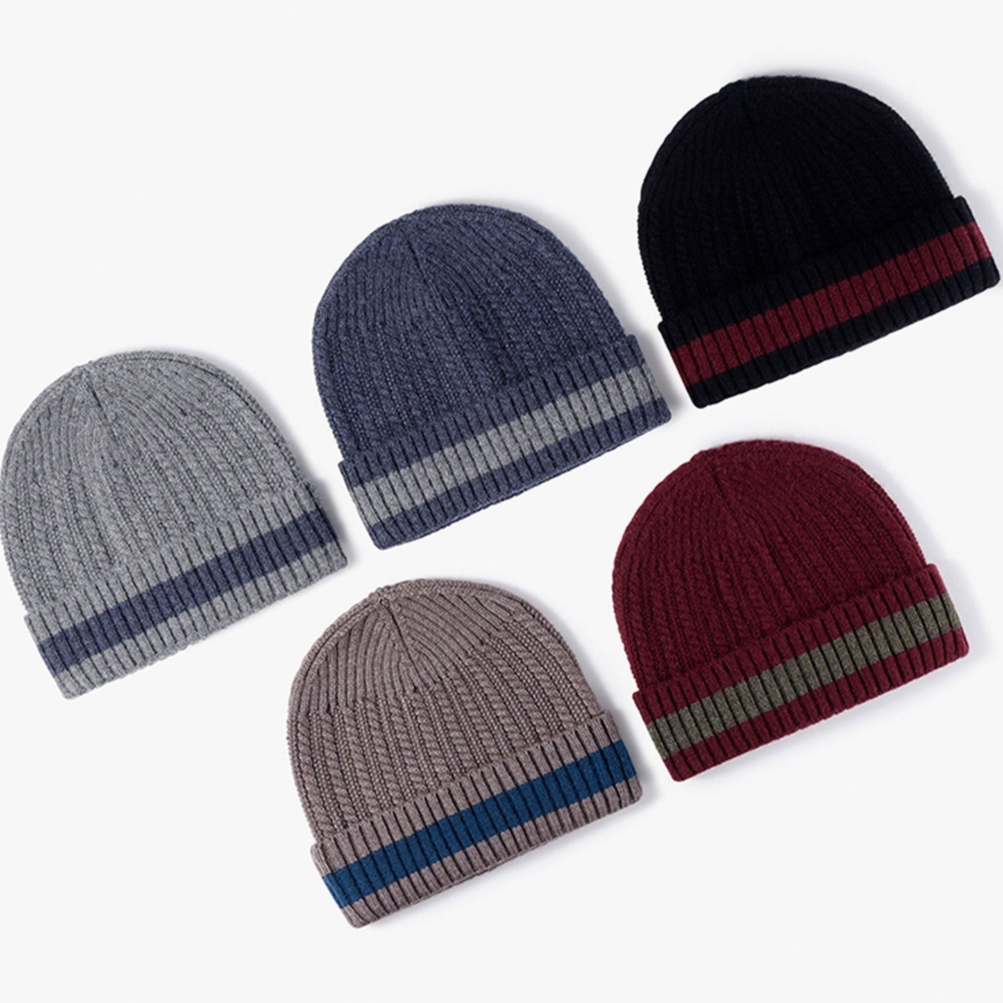 Unisex Rib Knit Beanie with Folded Cuff and Contrast Stripe Detail