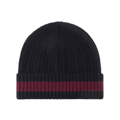 Unisex Rib Knit Beanie with Folded Cuff and Contrast Stripe Detail