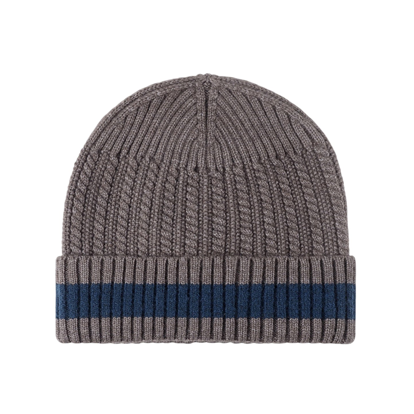 Unisex Rib Knit Beanie with Folded Cuff and Contrast Stripe Detail