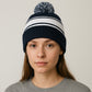 Winter Knit Beanie with Pom and Stripe Design Warm Stretchy Hat for Cold Weather