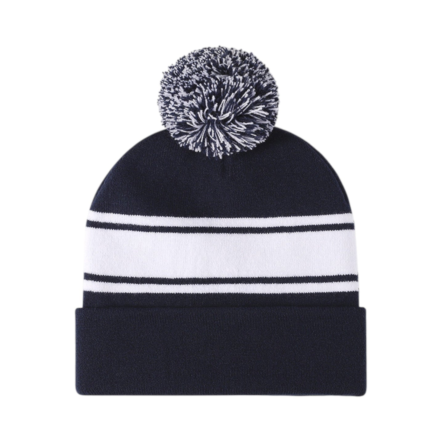 Winter Knit Beanie with Pom and Stripe Design Warm Stretchy Hat for Cold Weather