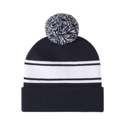 Winter Knit Beanie with Pom and Stripe Design Warm Stretchy Hat for Cold Weather