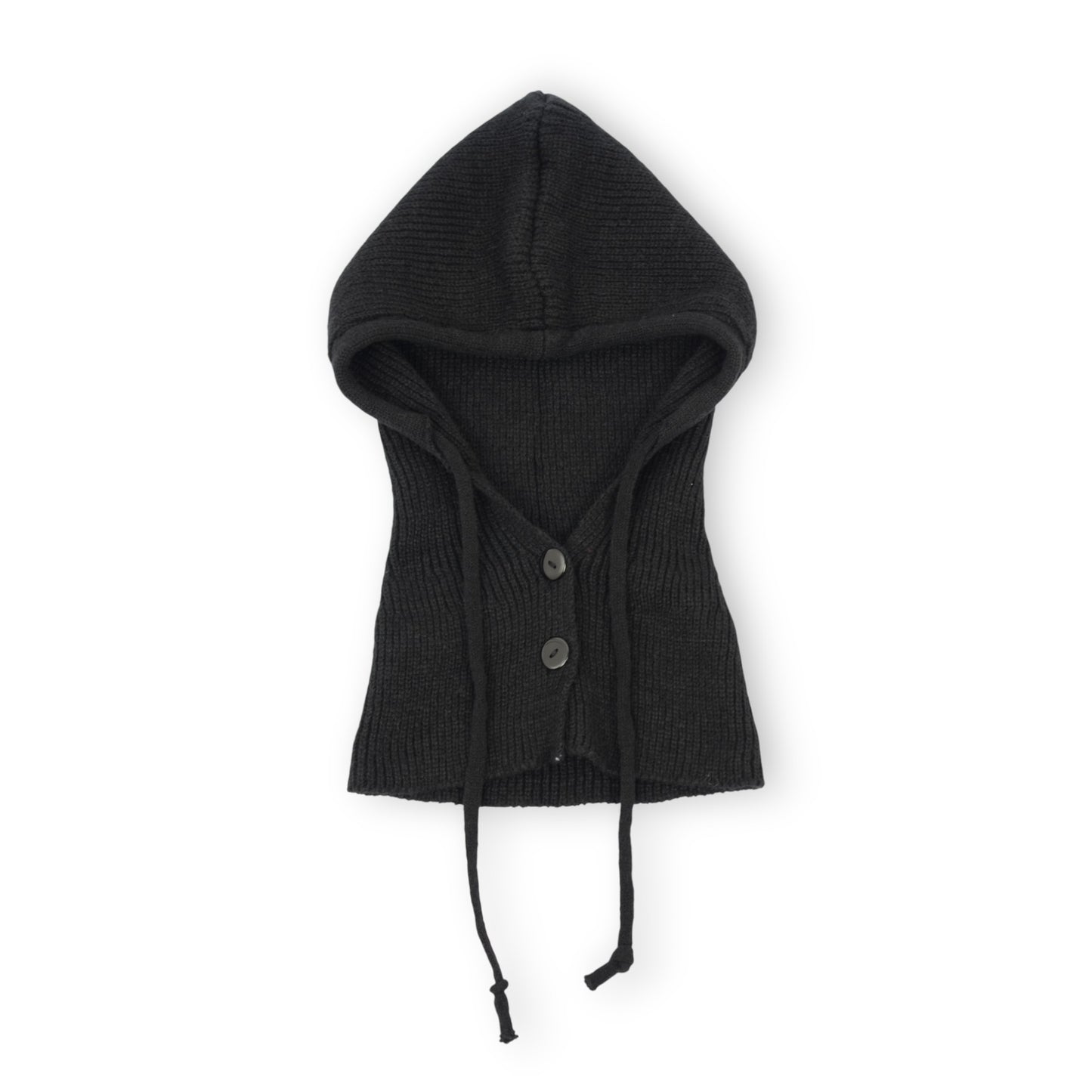 Ribbed Knit Hooded Neck Warmer with Button Closure and Drawstring Design