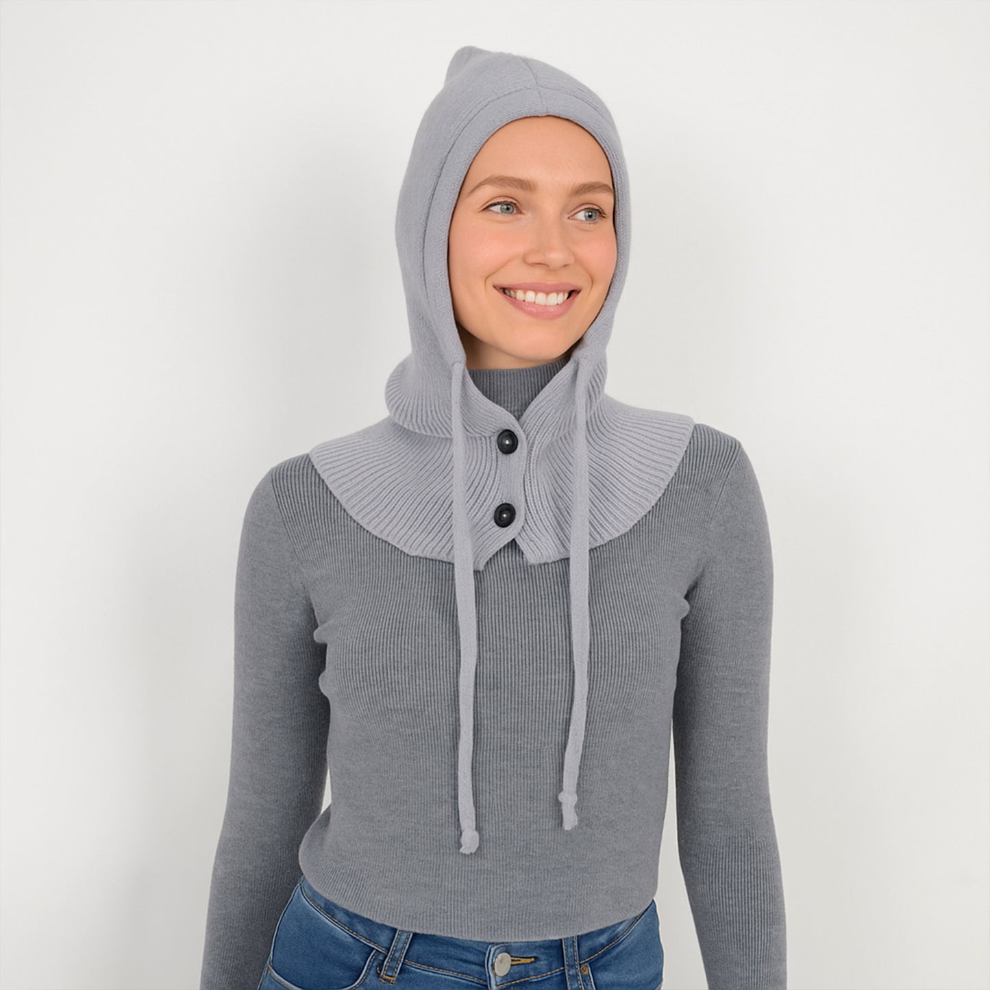 Ribbed Knit Hooded Neck Warmer with Button Closure and Drawstring Design