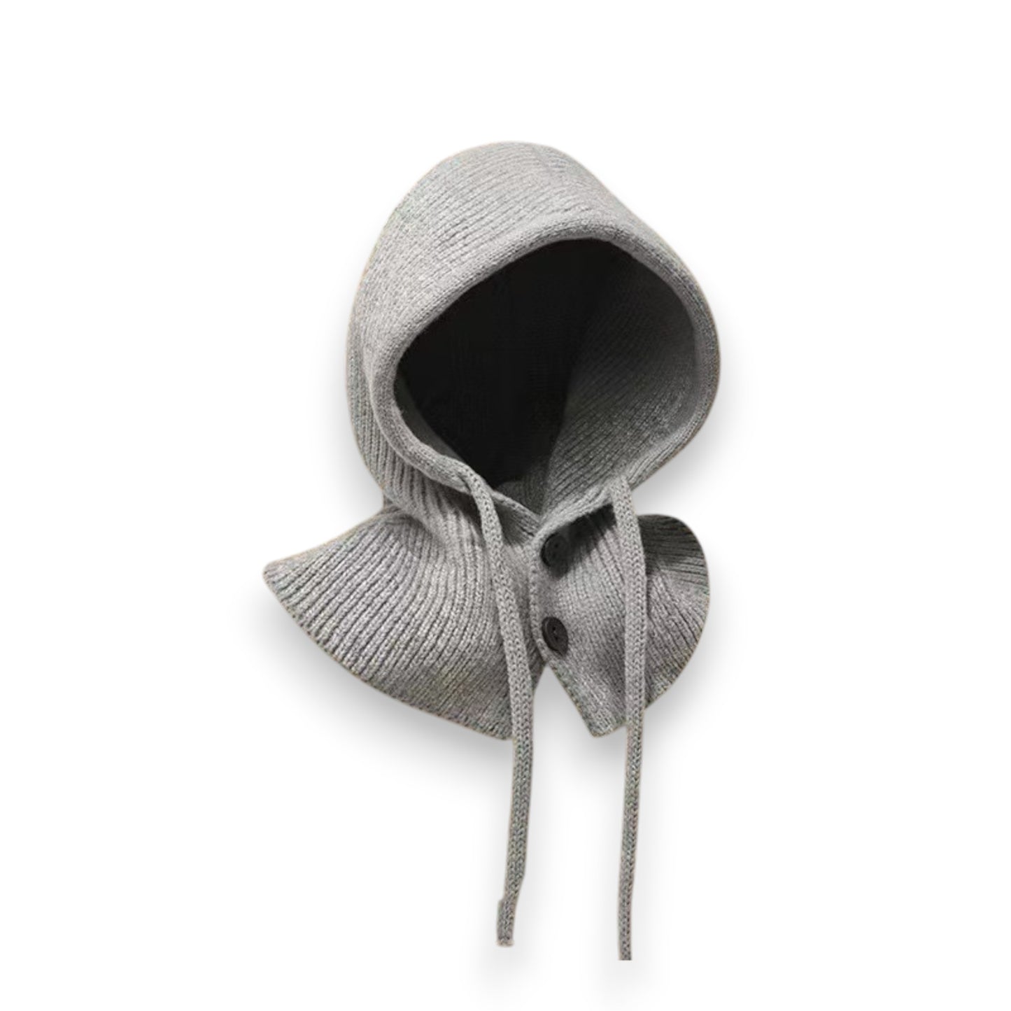 Ribbed Knit Hooded Neck Warmer with Button Closure and Drawstring Design